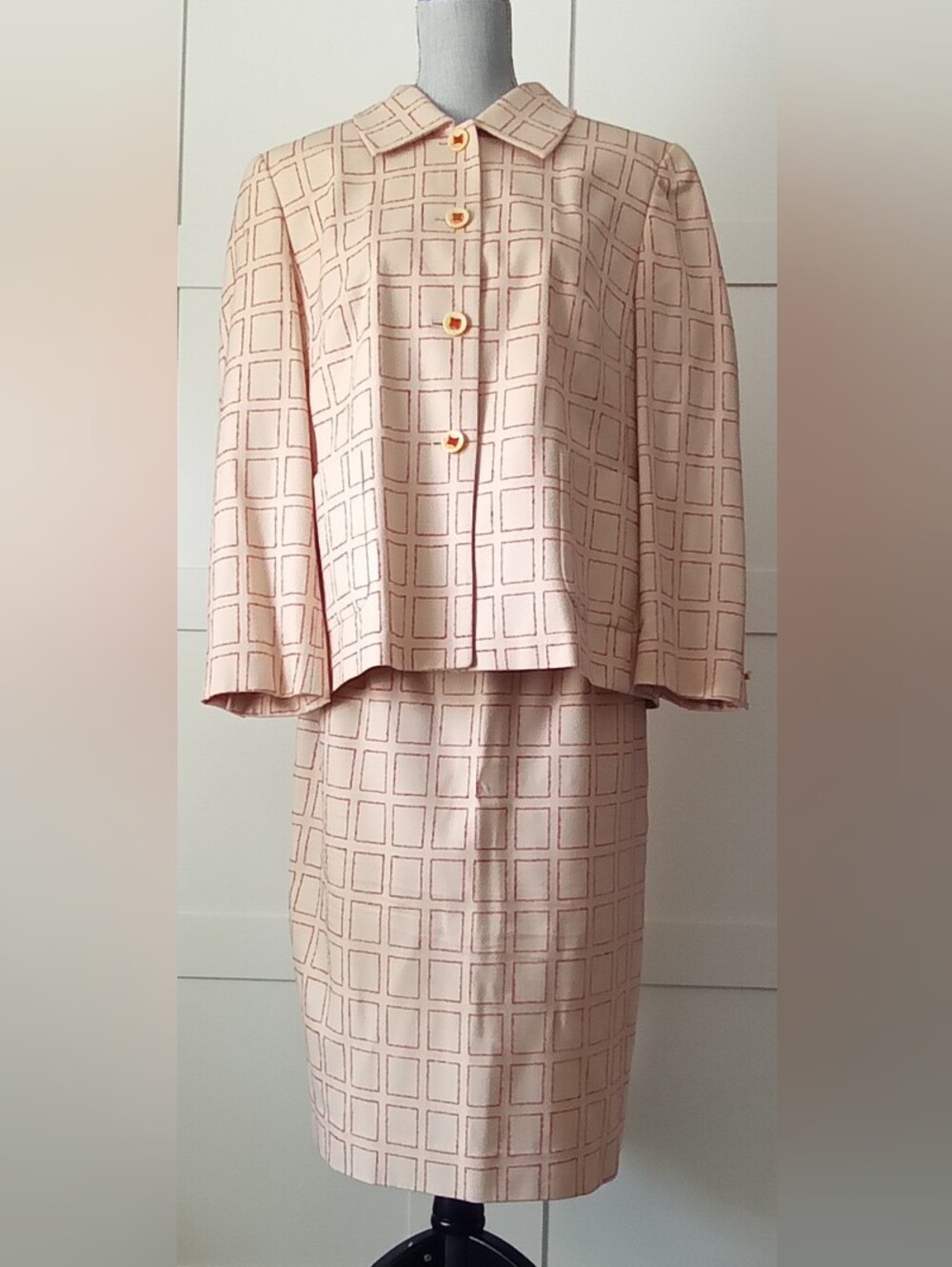 Louis Feraud Pale Pink Windowpane Pencil Skirt
